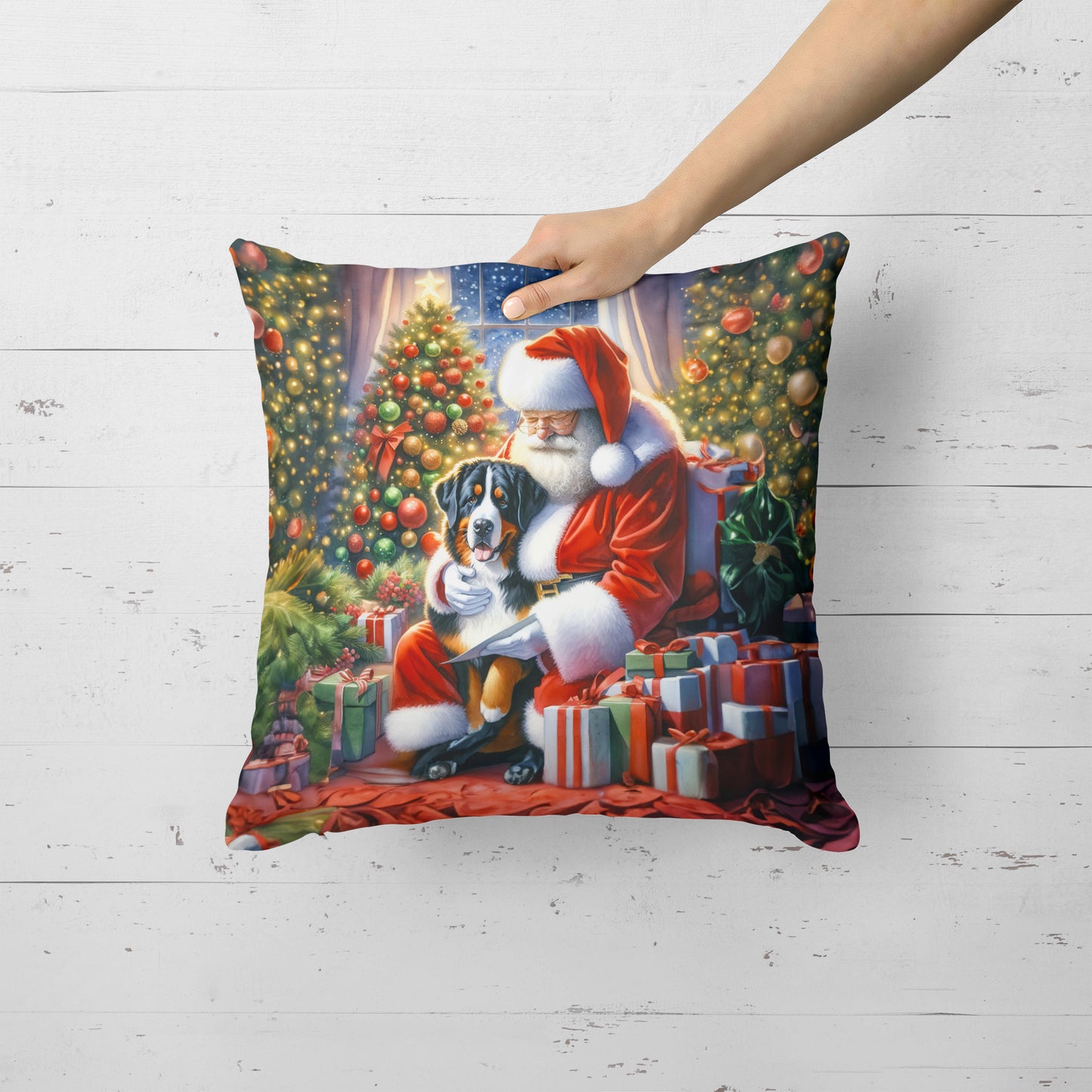 Greater Swiss Mountain Dog and Santa Claus Throw Pillow