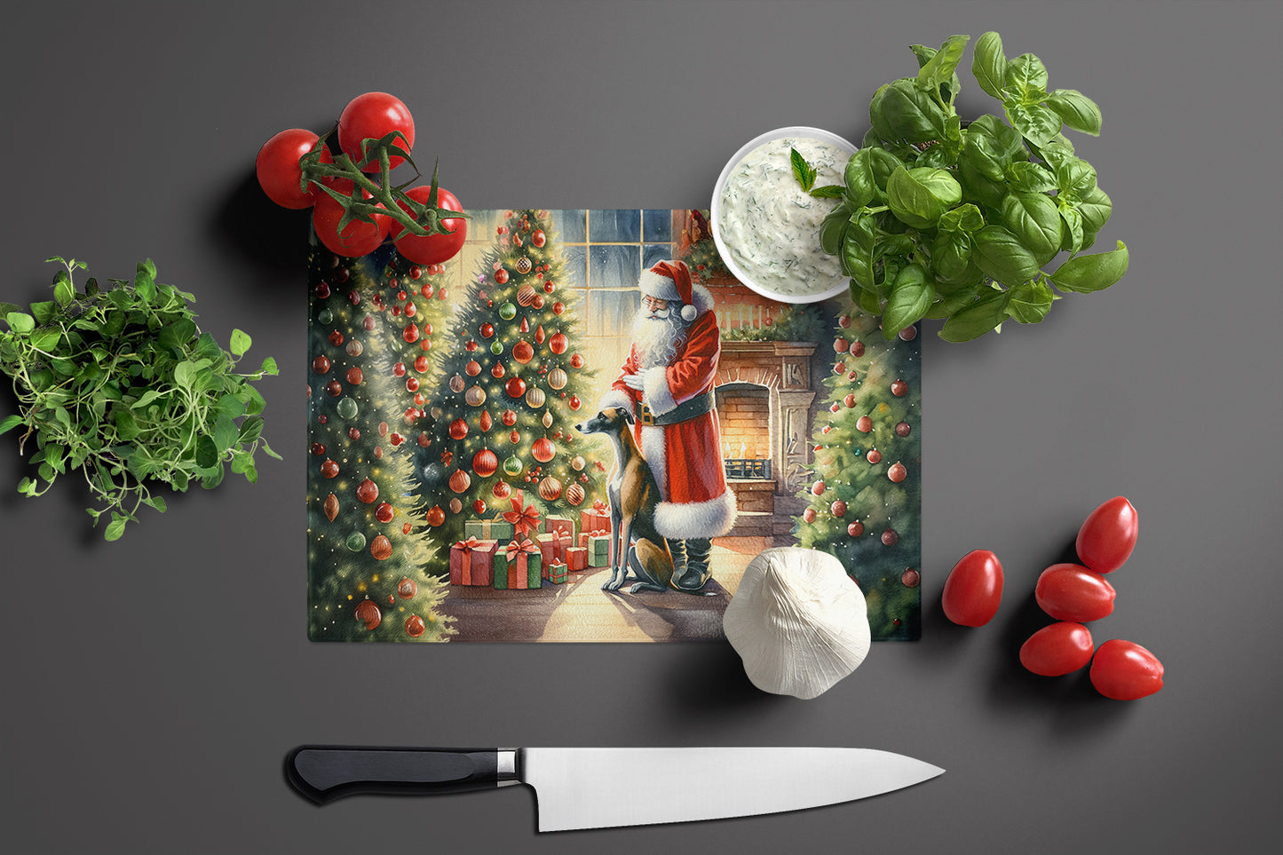 Greyhound and Santa Claus Glass Cutting Board