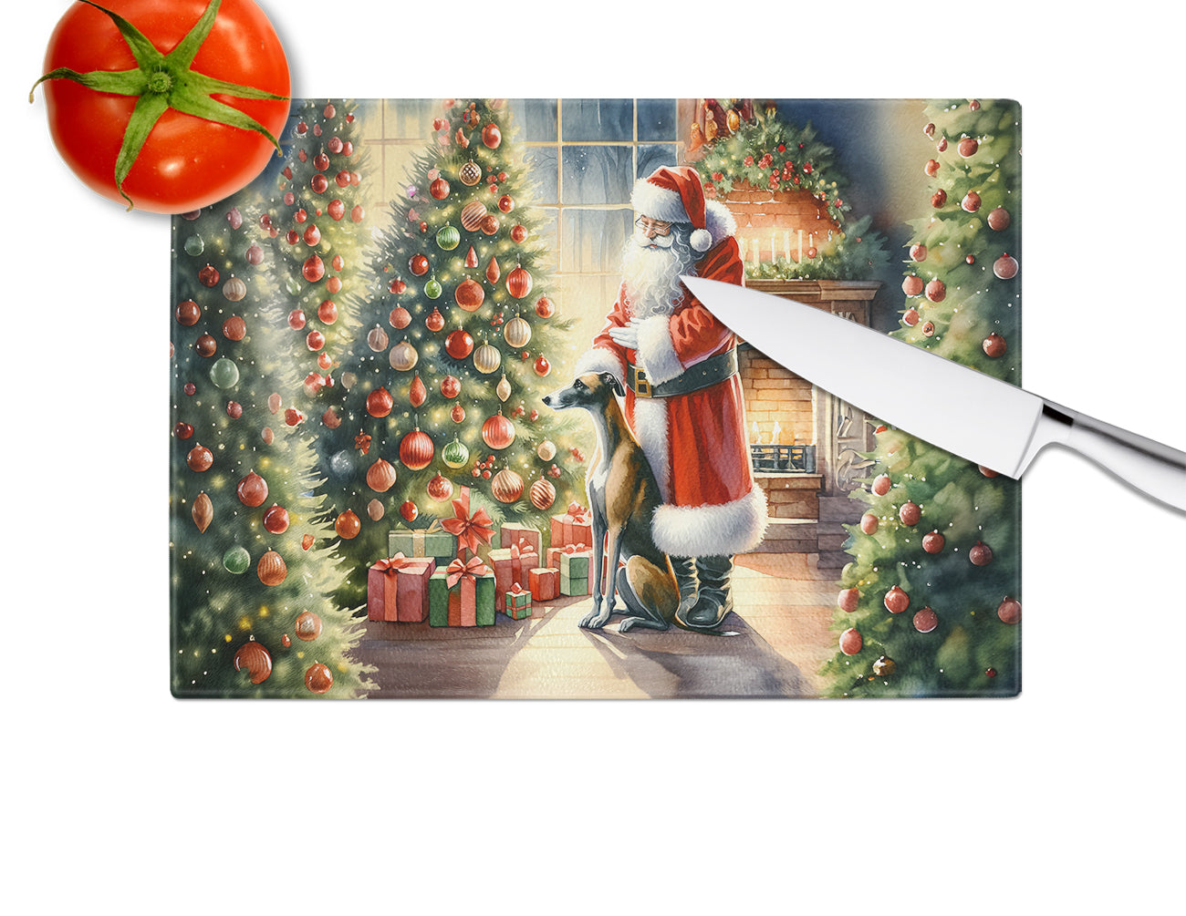 Greyhound and Santa Claus Glass Cutting Board