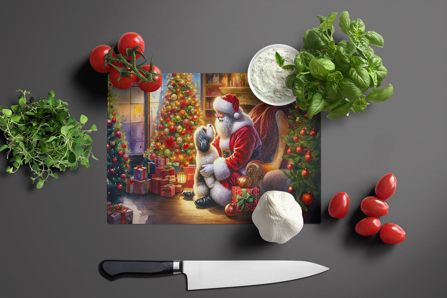 Havanese and Santa Claus Glass Cutting Board