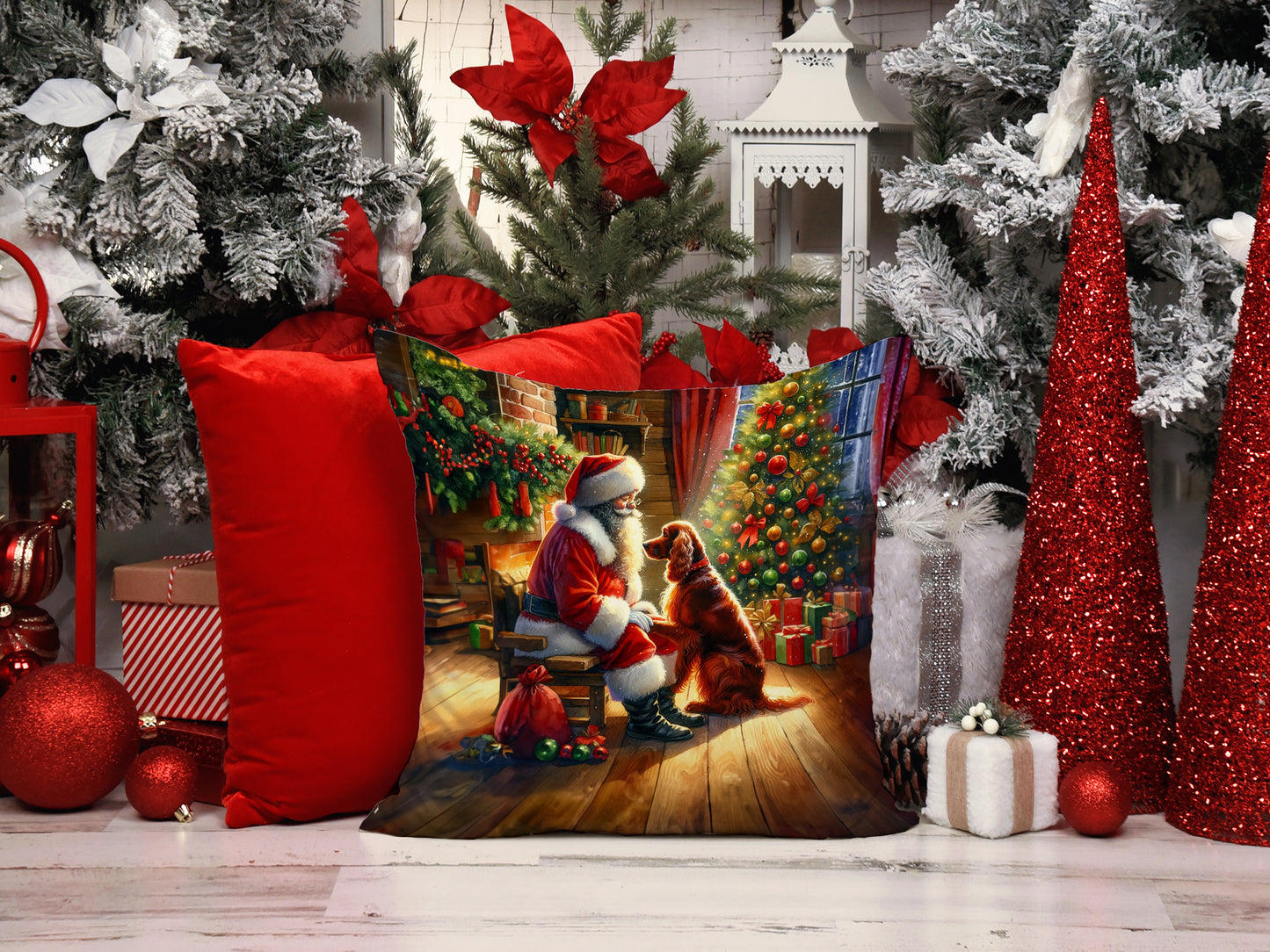 Irish Setter and Santa Claus Throw Pillow