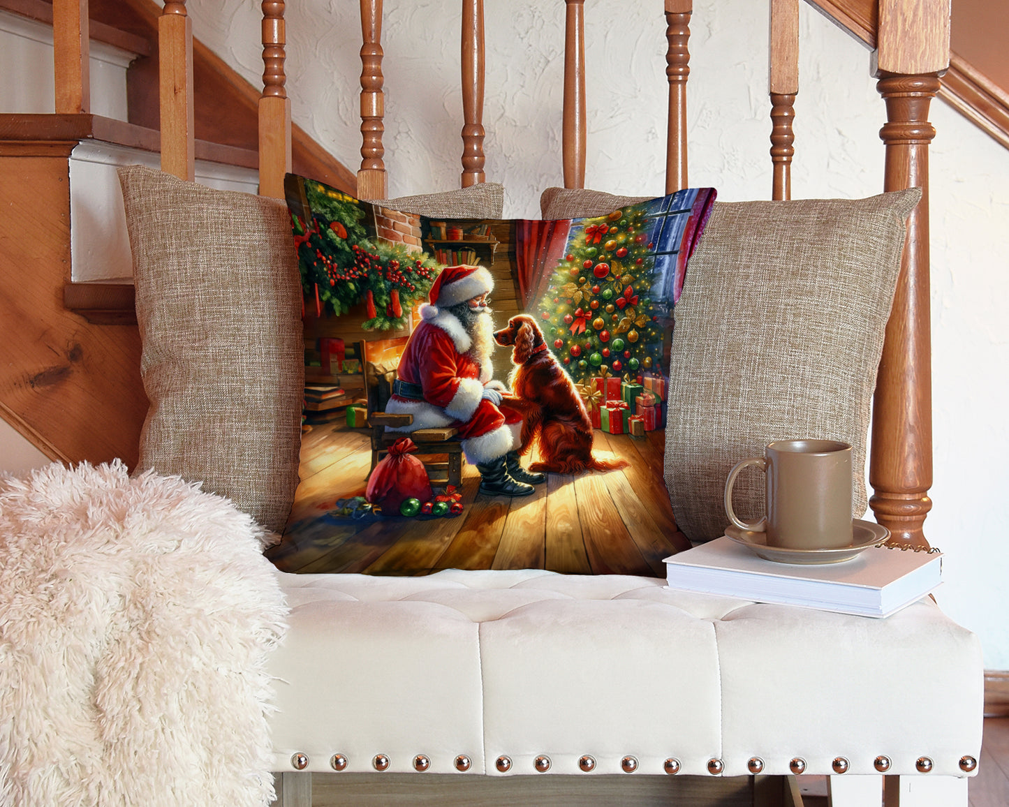 Irish Setter and Santa Claus Throw Pillow