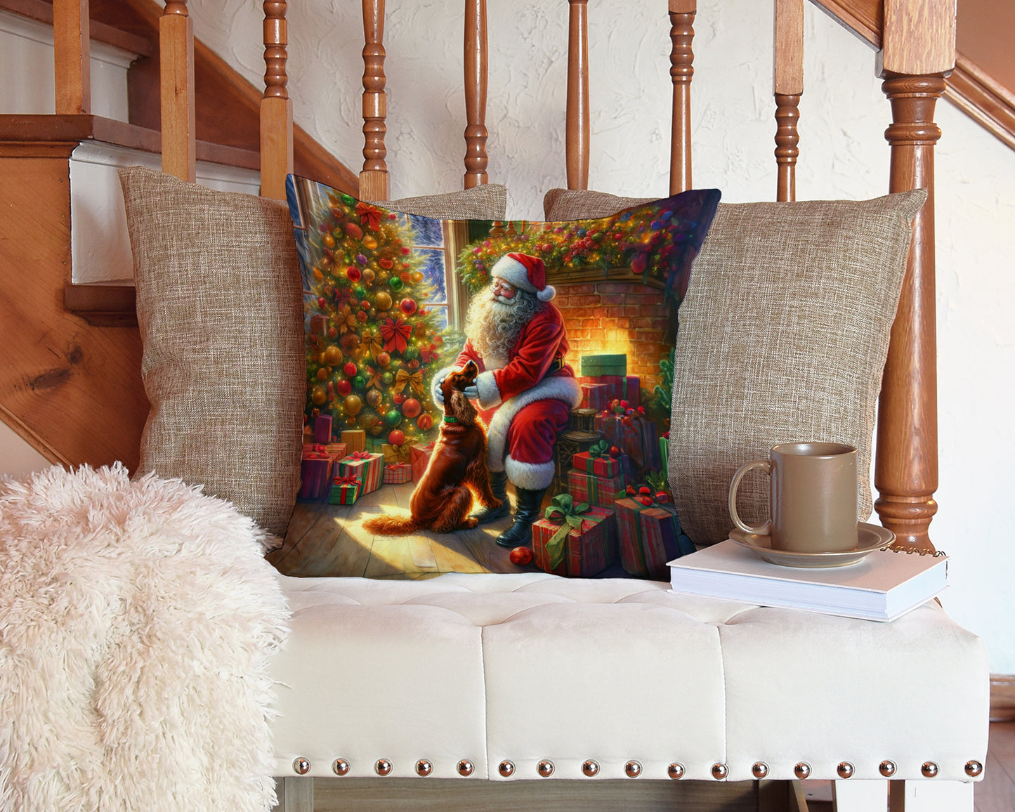 Irish Setter and Santa Claus Throw Pillow