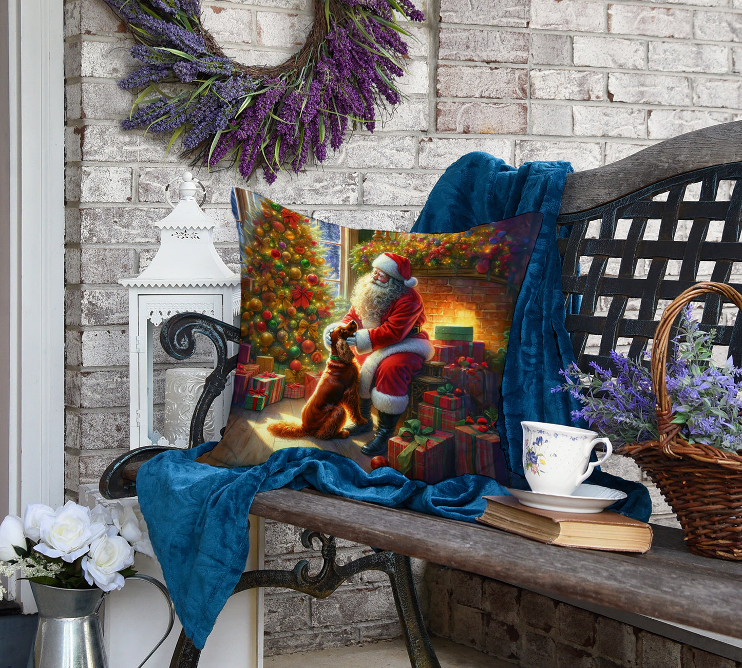 Irish Setter and Santa Claus Throw Pillow