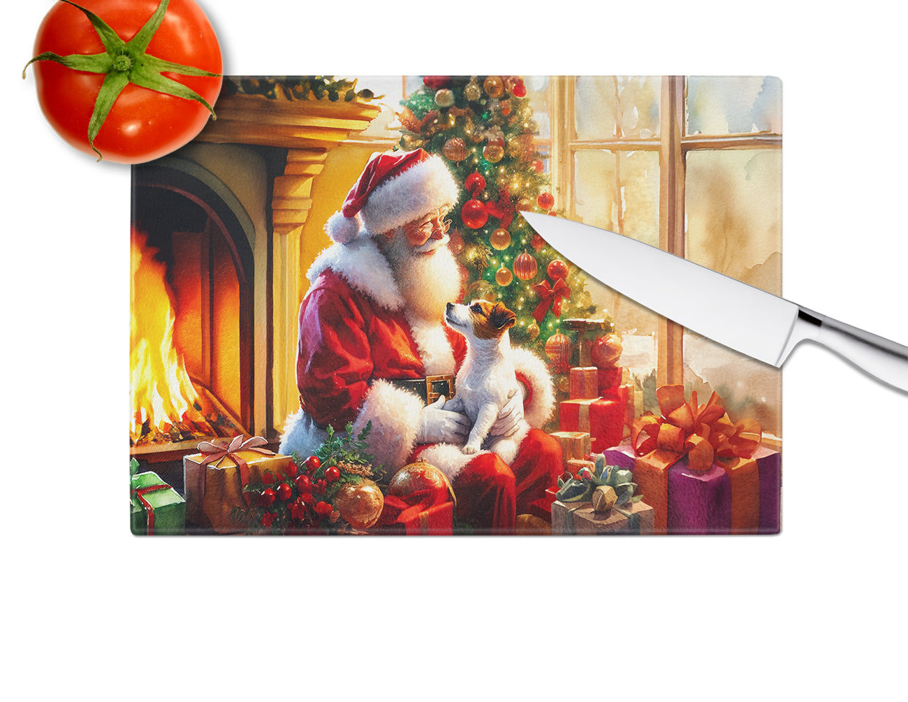 Jack Russell Terrier and Santa Claus Glass Cutting Board