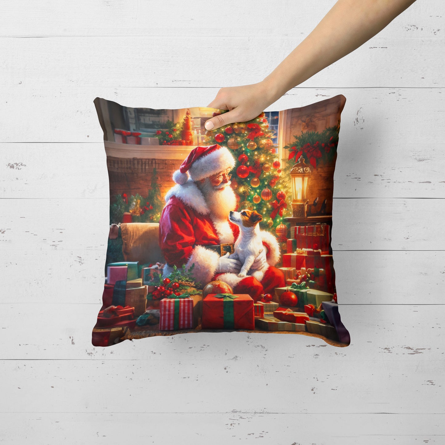 Jack Russell Terrier and Santa Claus Throw Pillow