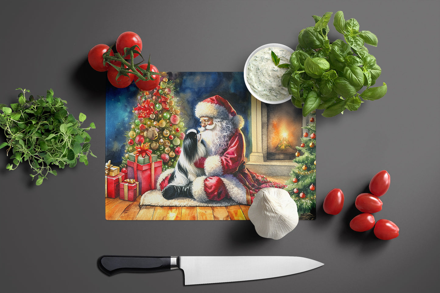 Japanese Chin and Santa Claus Glass Cutting Board