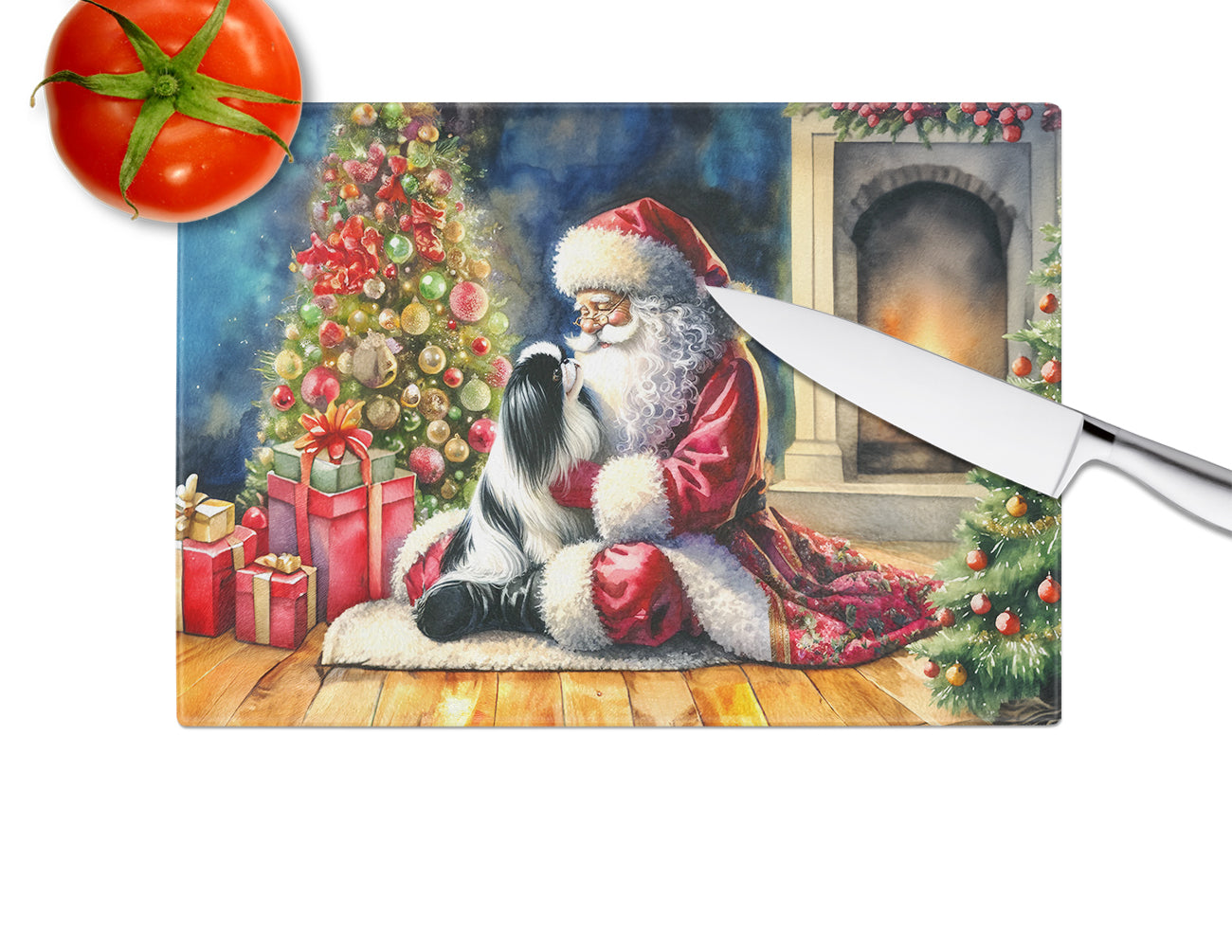 Japanese Chin and Santa Claus Glass Cutting Board