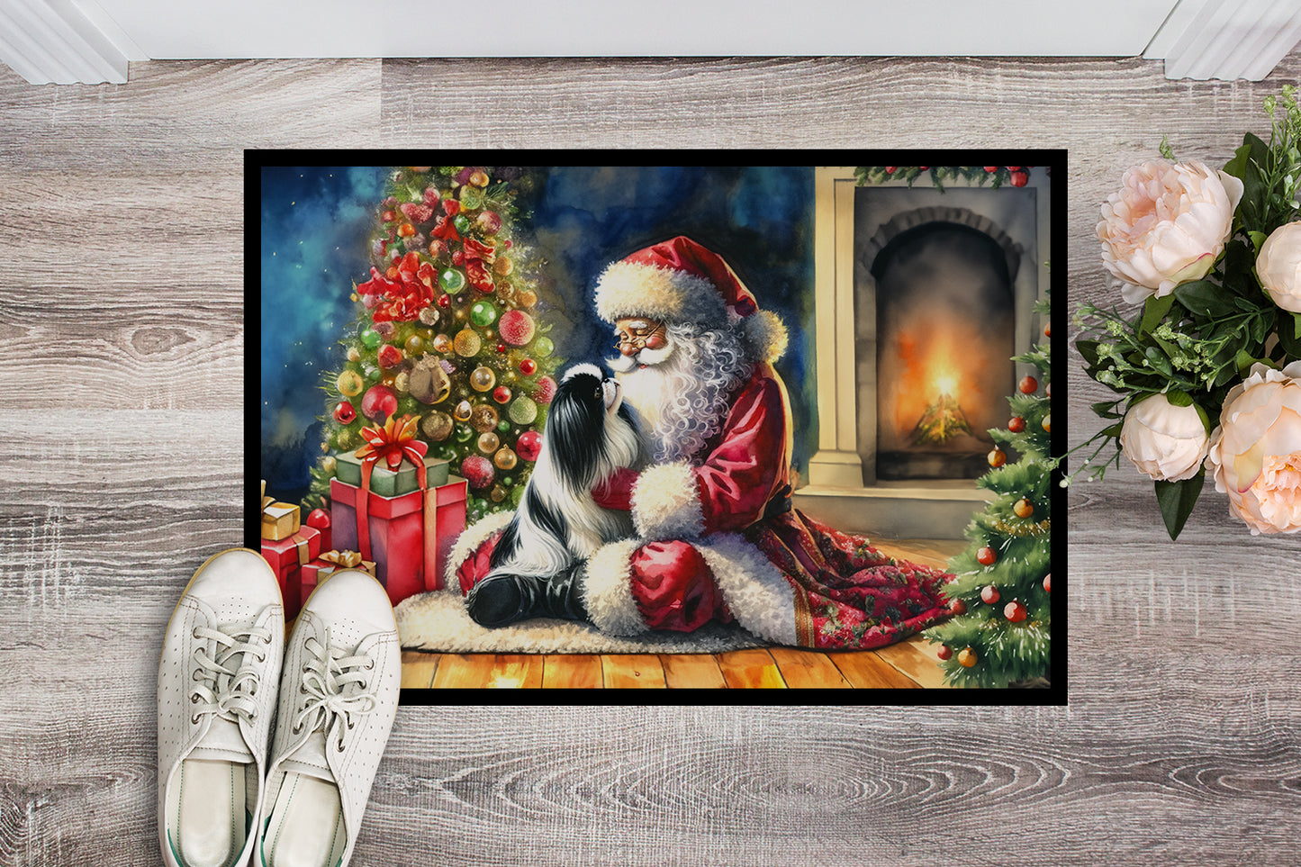 Japanese Chin and Santa Claus Doormat