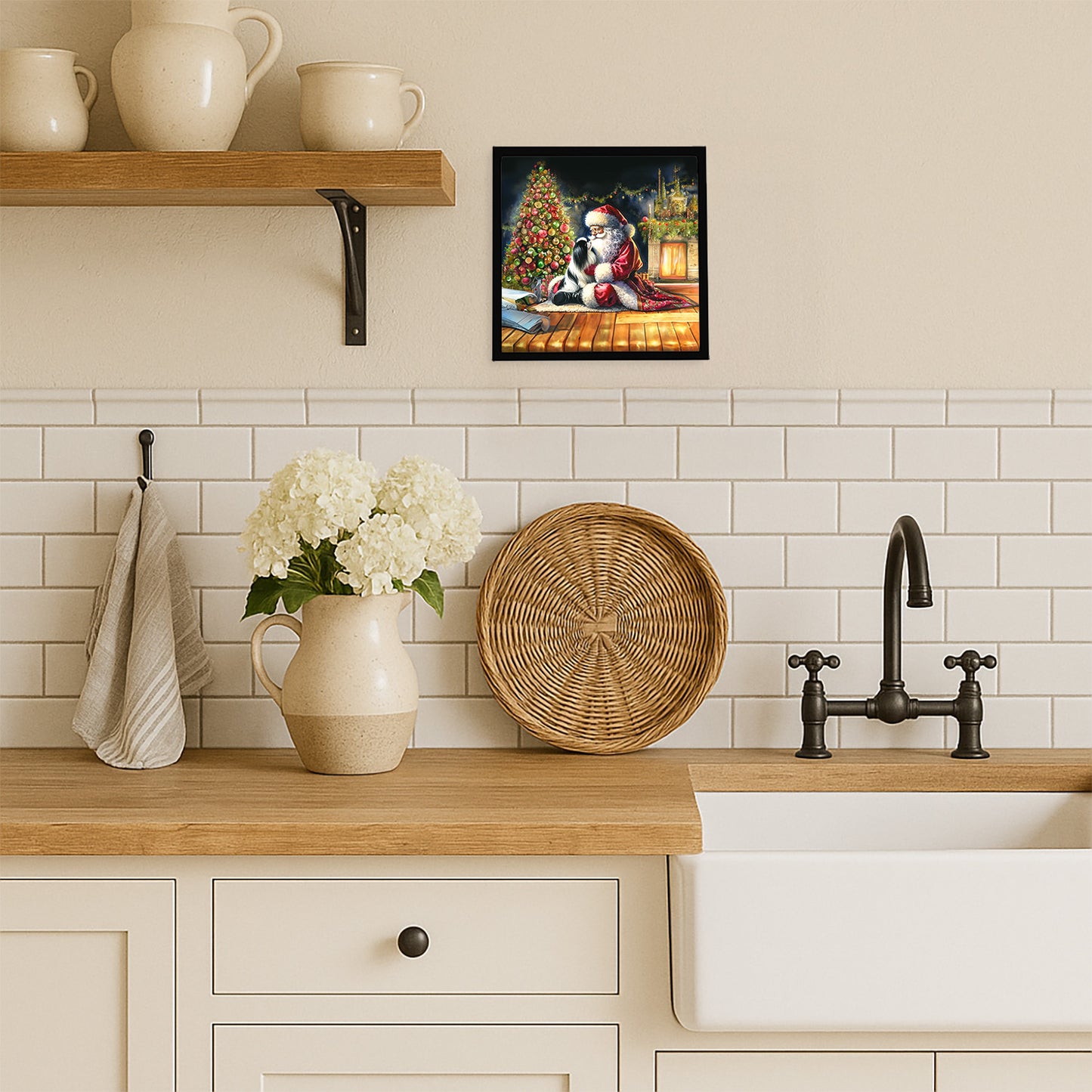 Japanese Chin and Santa Claus Framed Metal Print