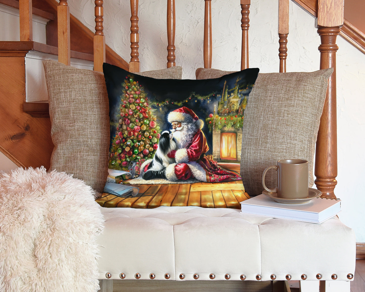 Japanese Chin and Santa Claus Throw Pillow