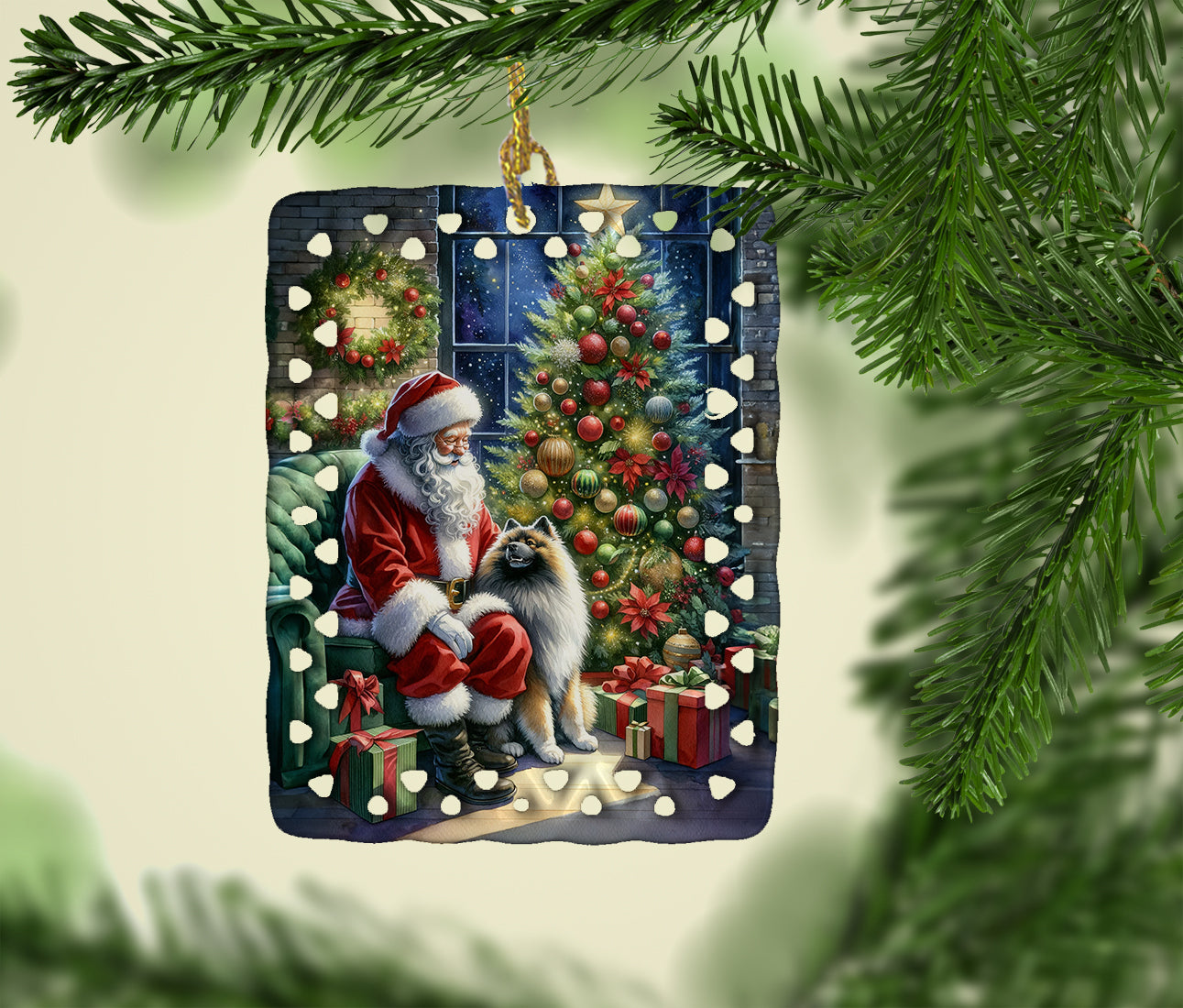 Keeshond and Santa Claus Porcelain Ornament