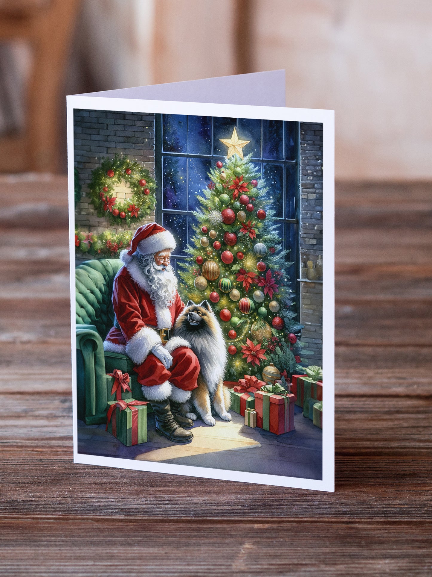 Keeshond and Santa Claus Greeting Cards Pack of 8