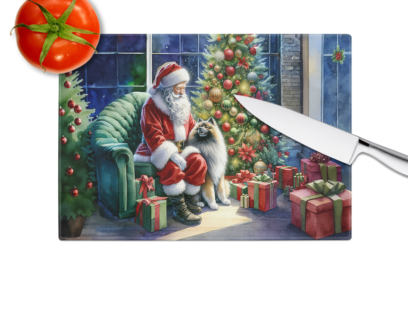 Keeshond and Santa Claus Glass Cutting Board