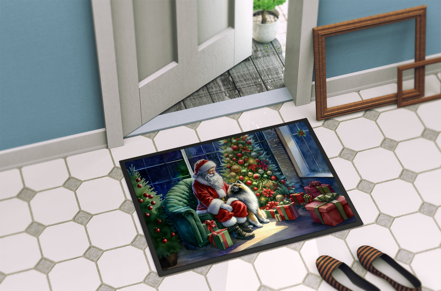 Keeshond and Santa Claus Doormat