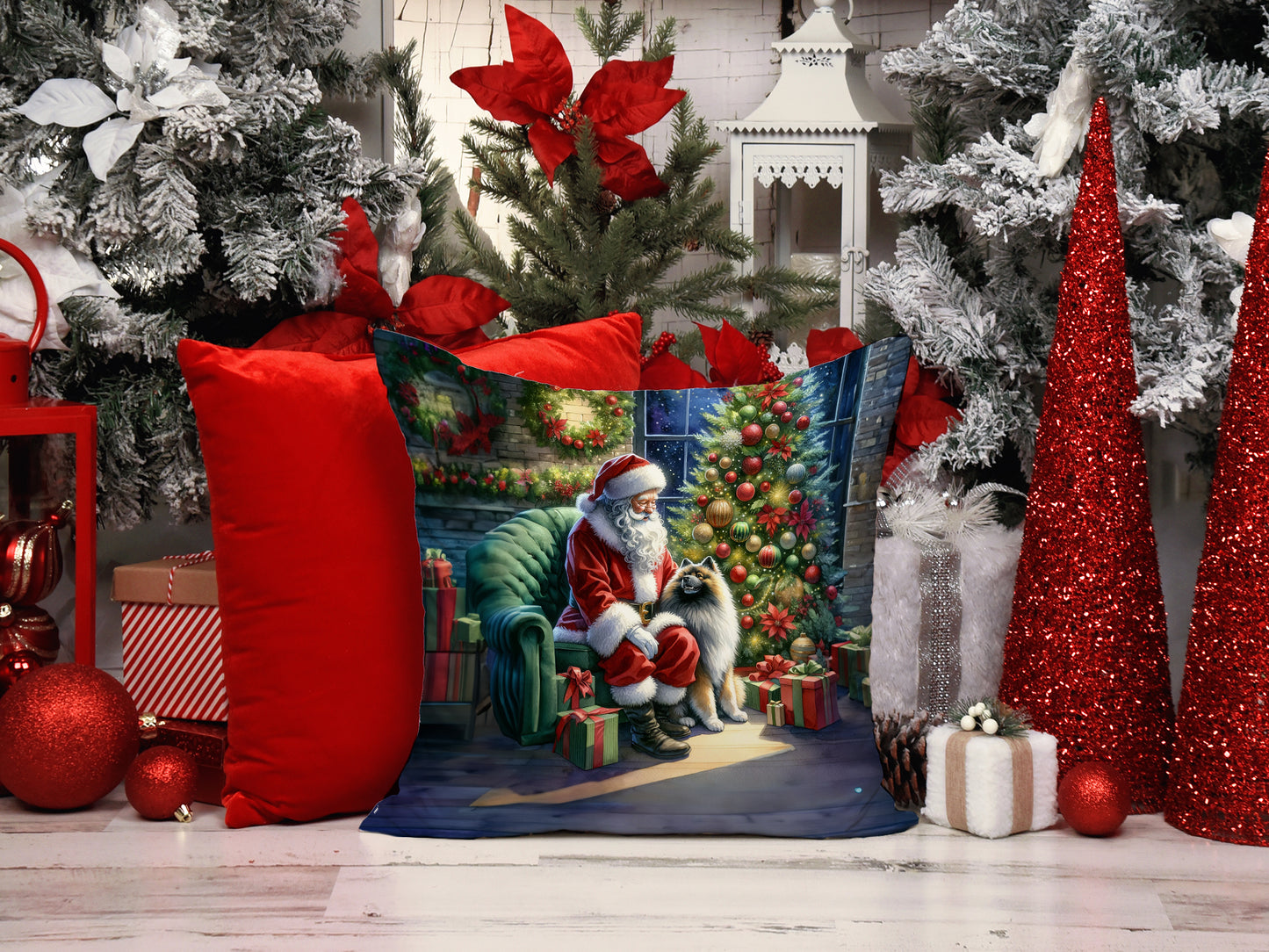 Keeshond and Santa Claus Throw Pillow