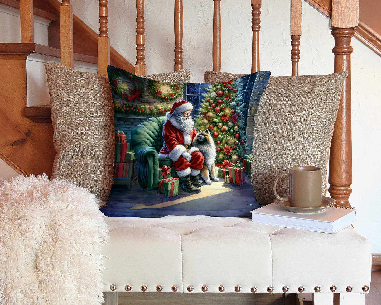 Keeshond and Santa Claus Throw Pillow