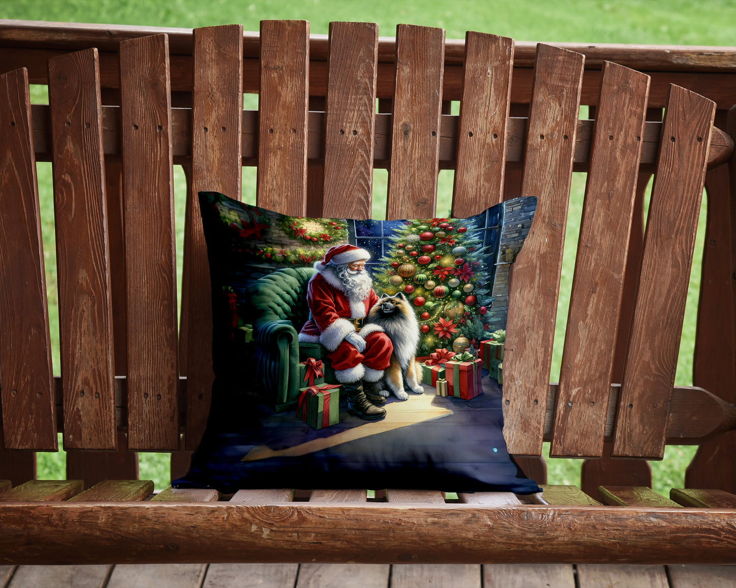 Keeshond and Santa Claus Throw Pillow