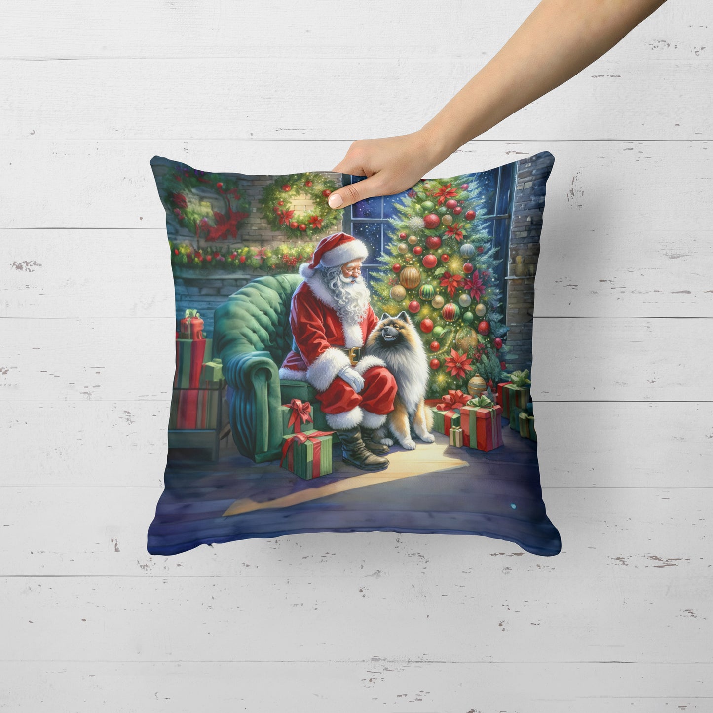 Keeshond and Santa Claus Throw Pillow