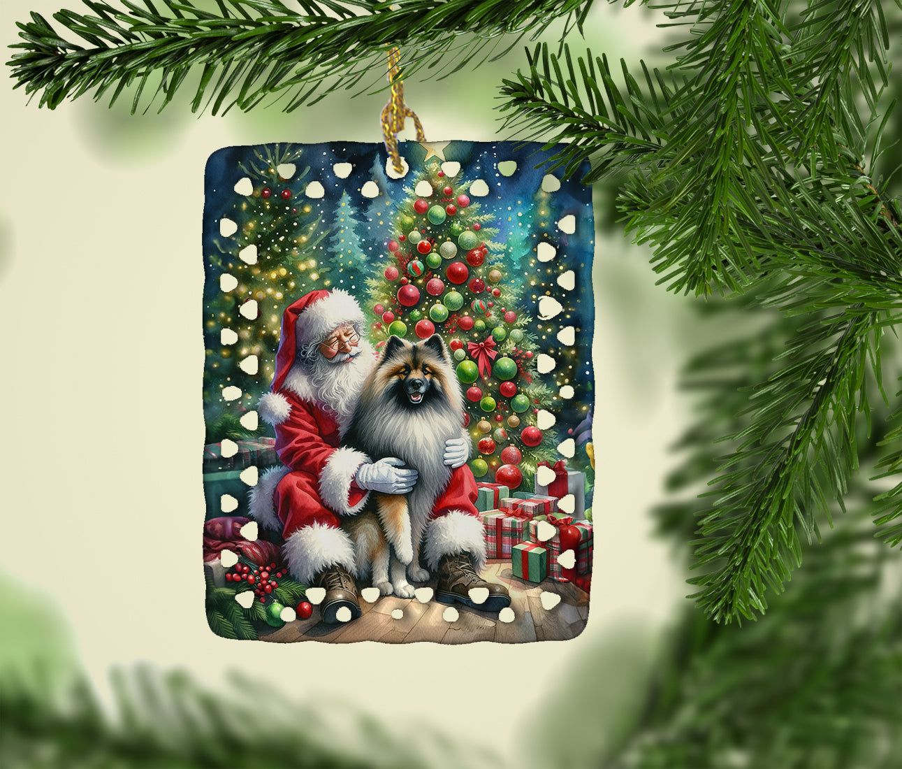 Keeshond and Santa Claus Porcelain Ornament