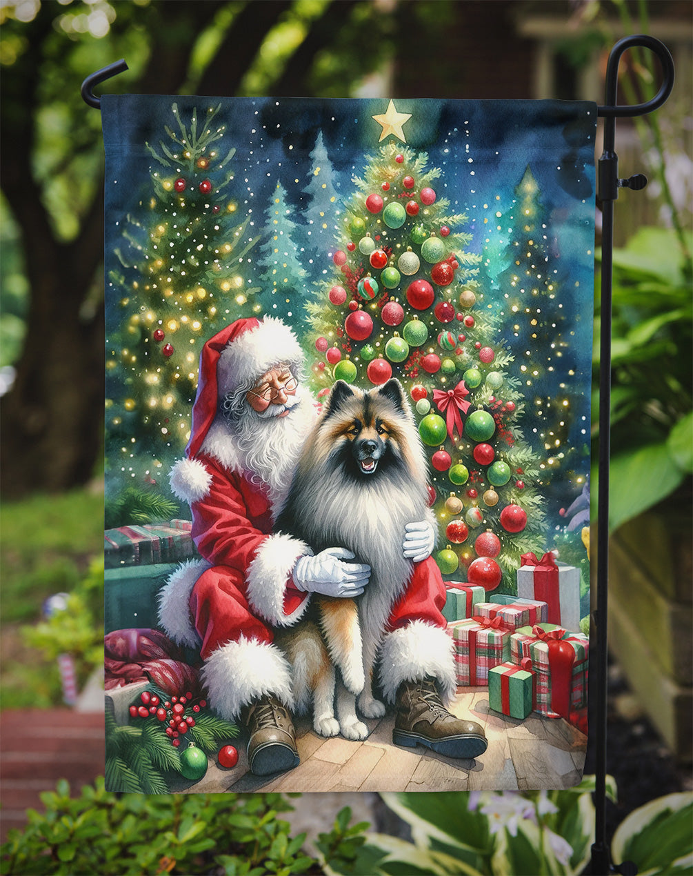 Keeshond and Santa Claus Garden Flag