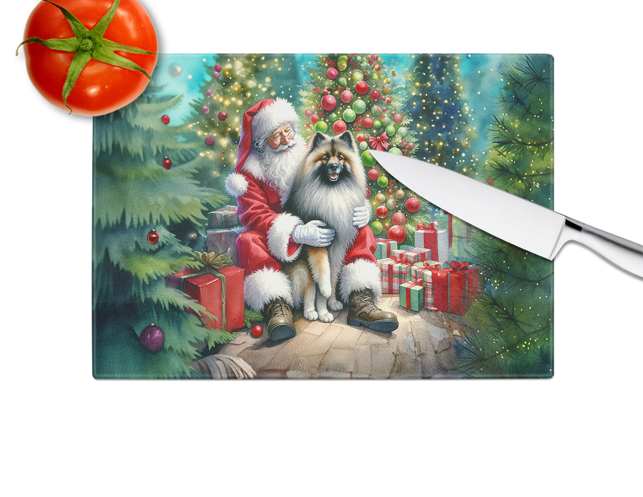 Keeshond and Santa Claus Glass Cutting Board