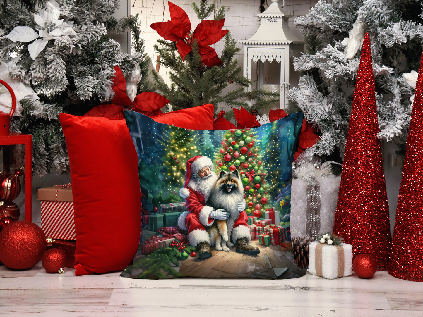 Keeshond and Santa Claus Throw Pillow