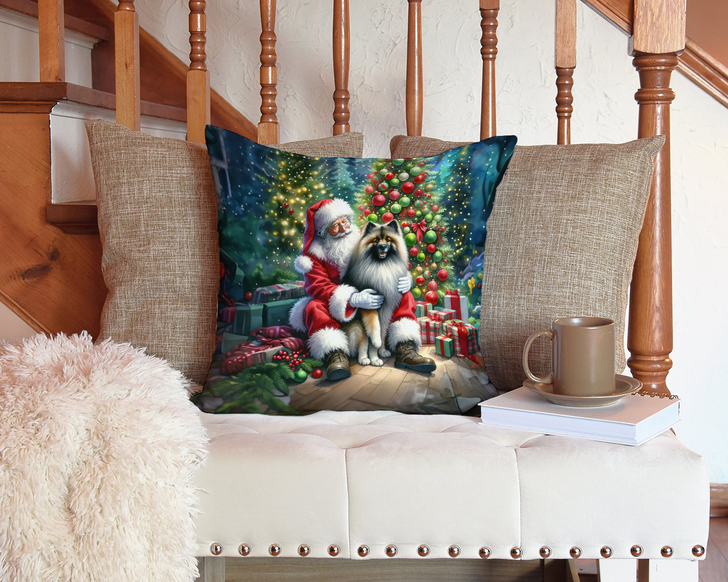 Keeshond and Santa Claus Throw Pillow