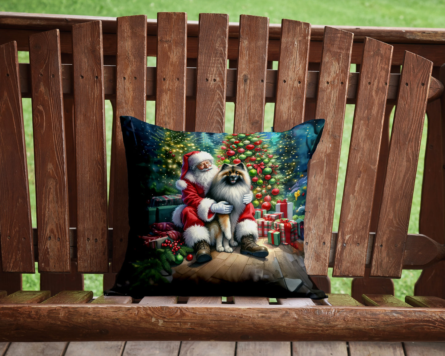 Keeshond and Santa Claus Throw Pillow