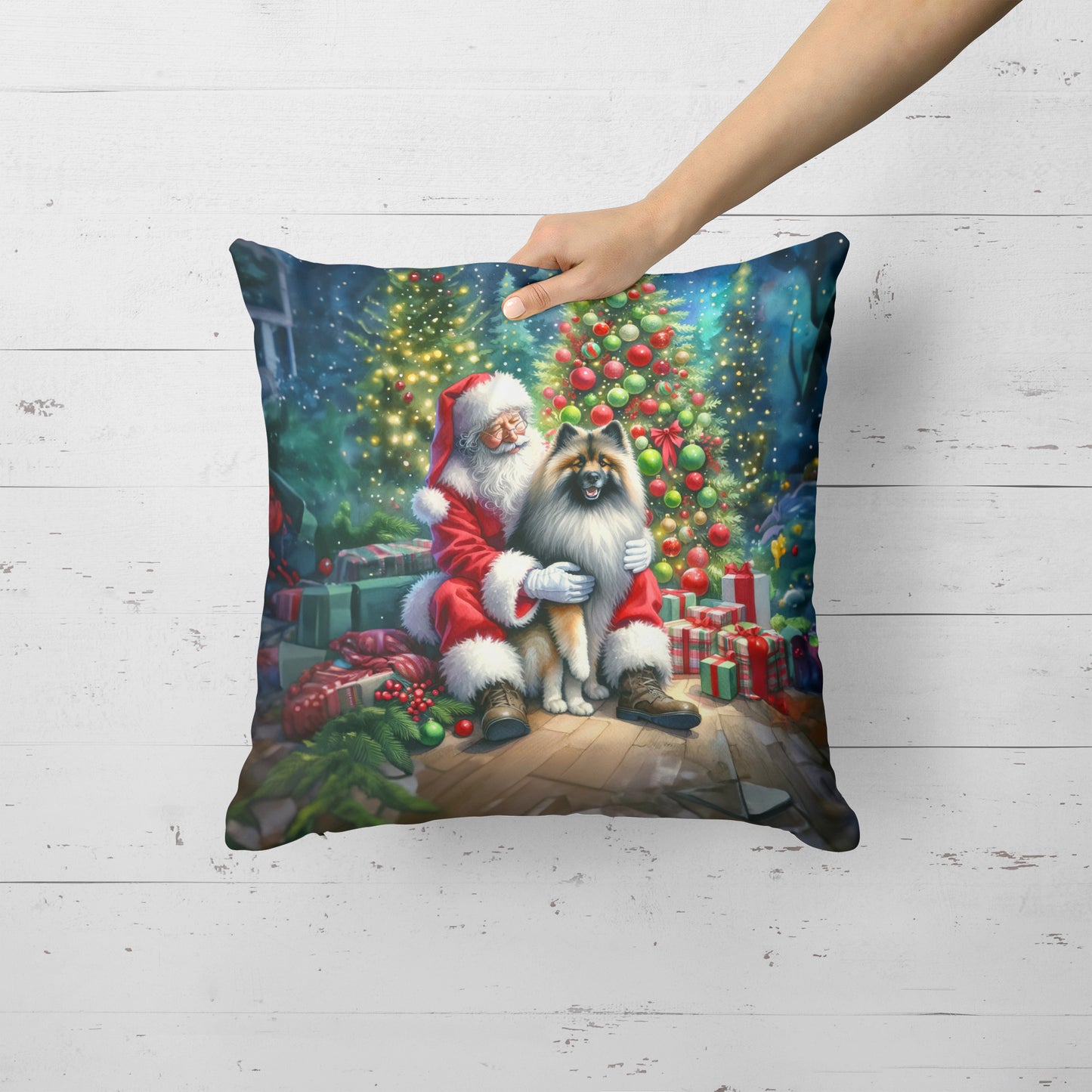 Keeshond and Santa Claus Throw Pillow