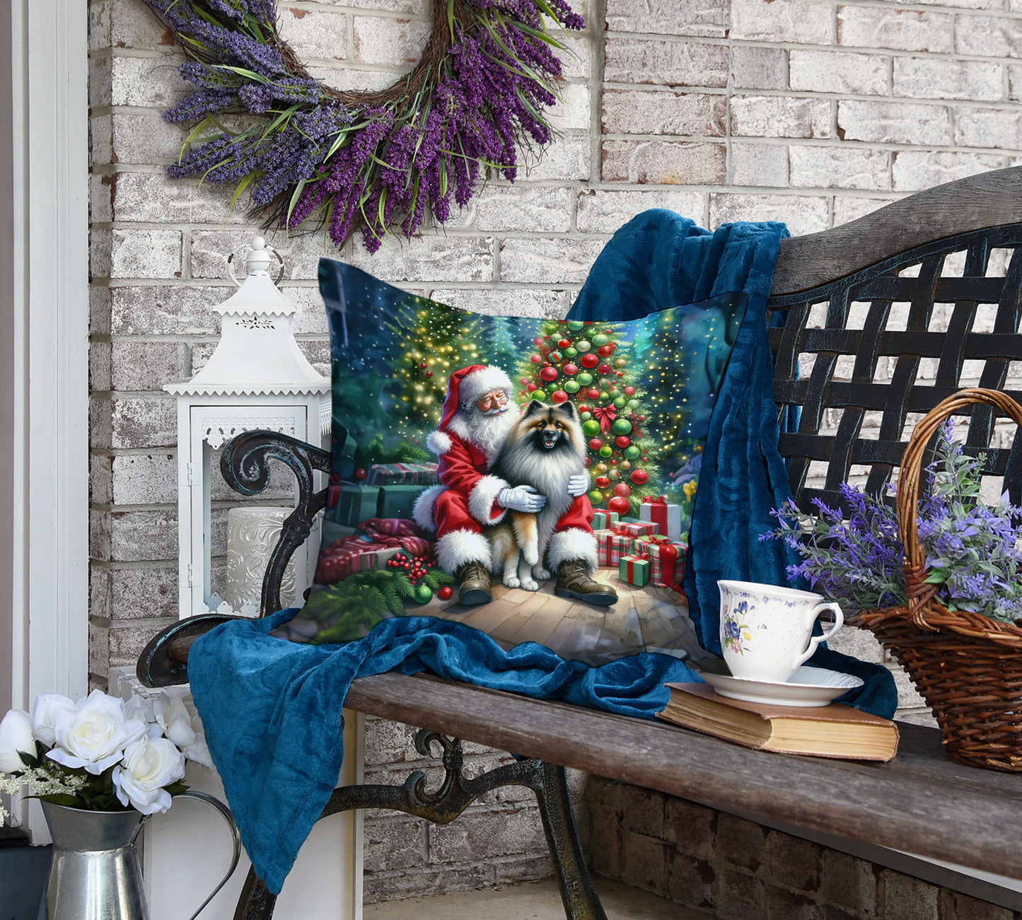 Keeshond and Santa Claus Throw Pillow