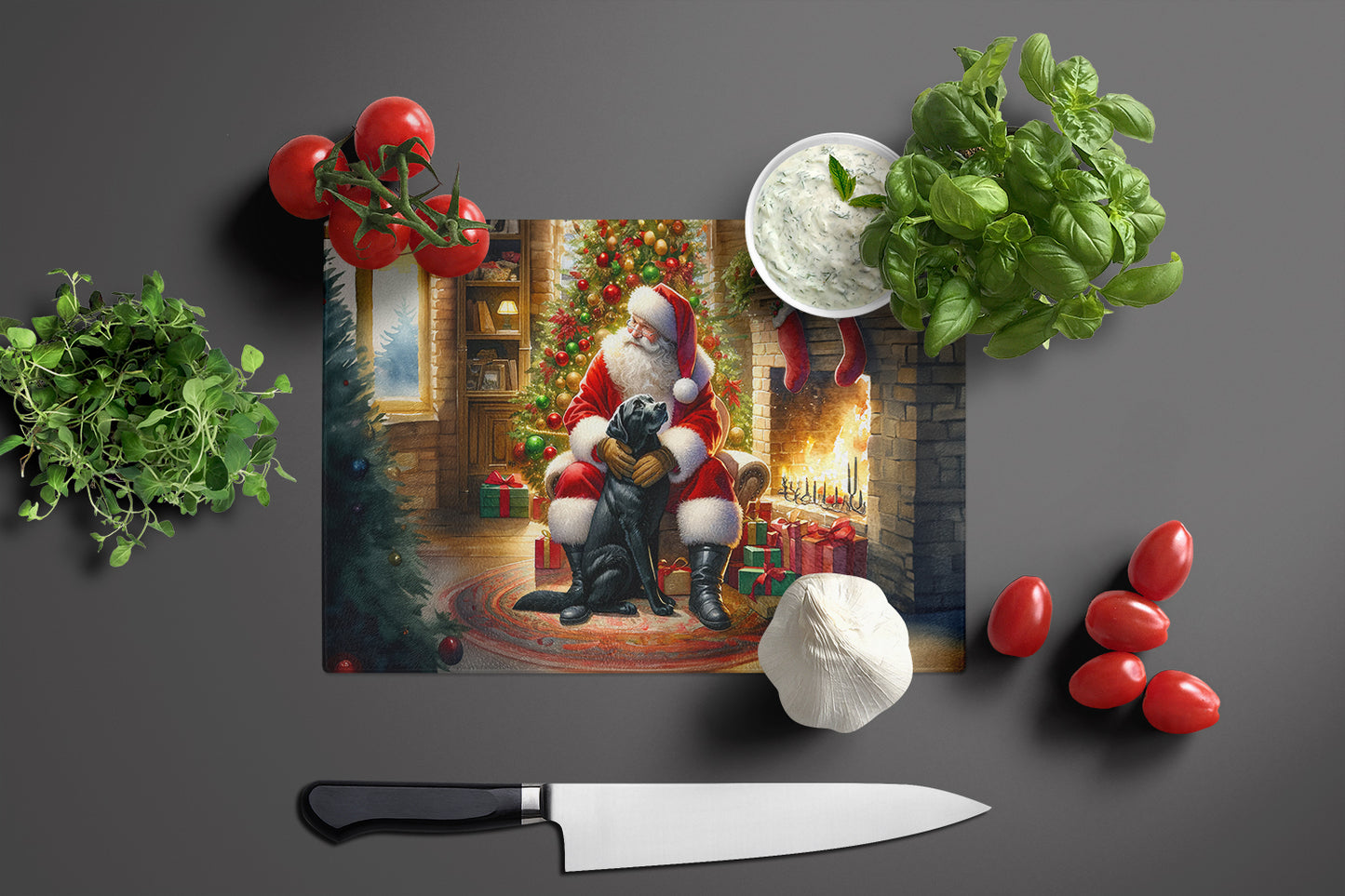 Labrador Retriever and Santa Claus Glass Cutting Board