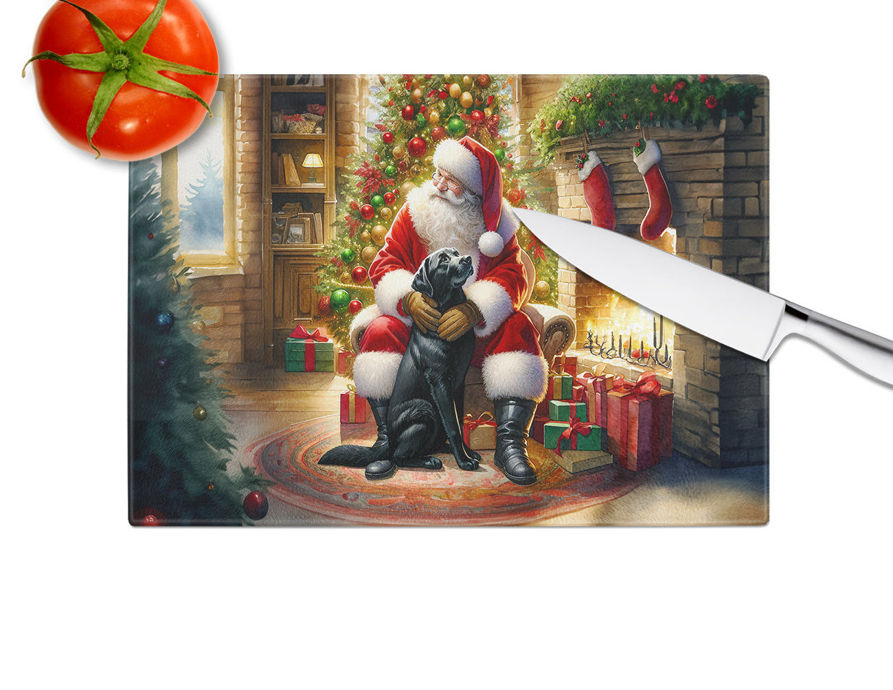 Labrador Retriever and Santa Claus Glass Cutting Board