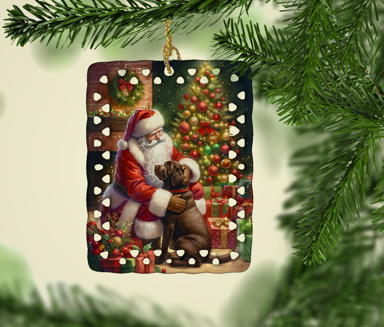 Labrador Retriever and Santa Claus Porcelain Ornament