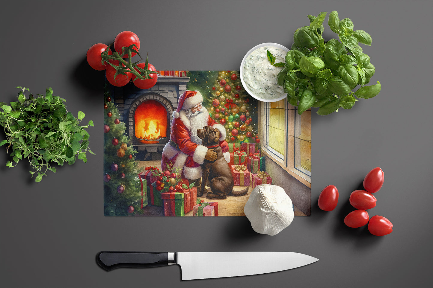 Labrador Retriever and Santa Claus Glass Cutting Board