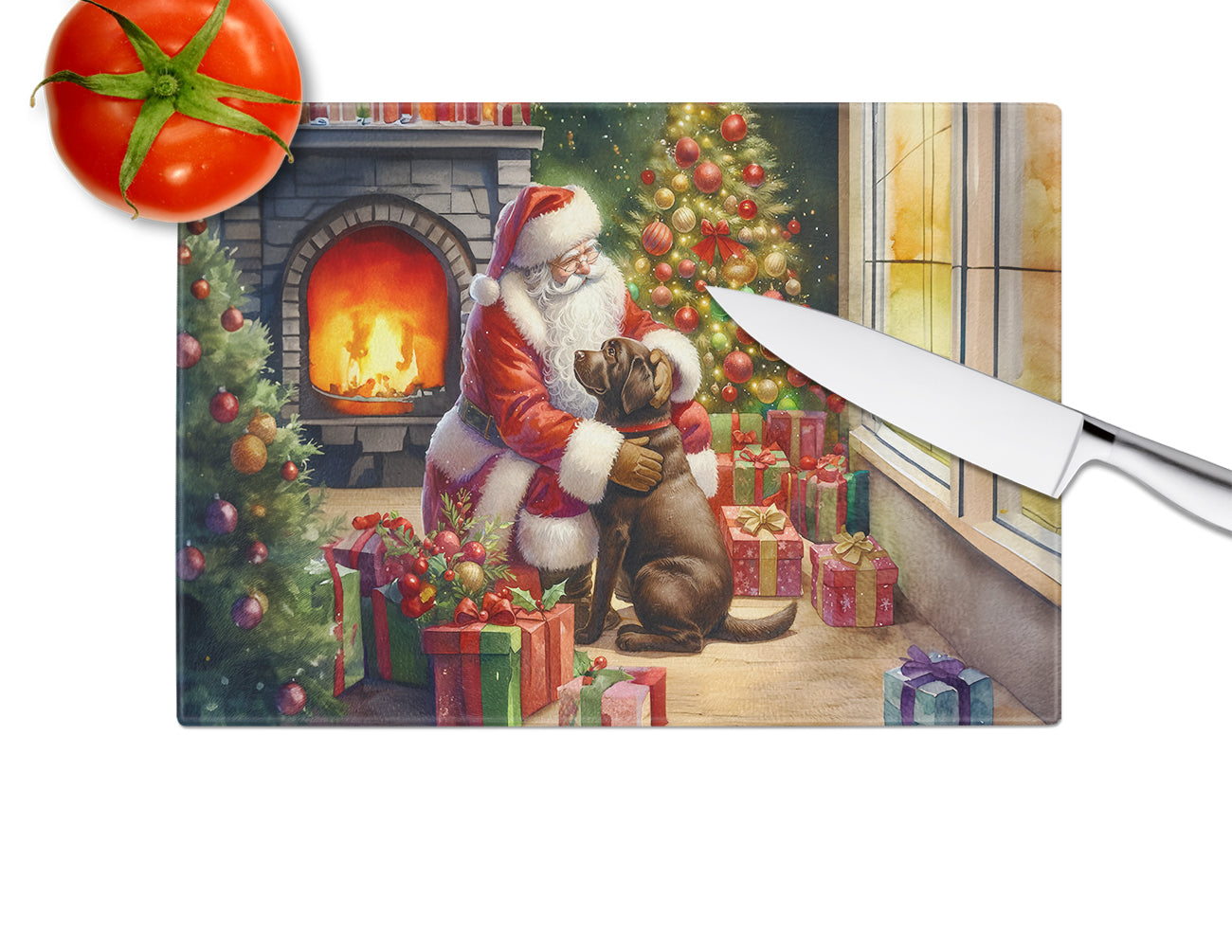 Labrador Retriever and Santa Claus Glass Cutting Board