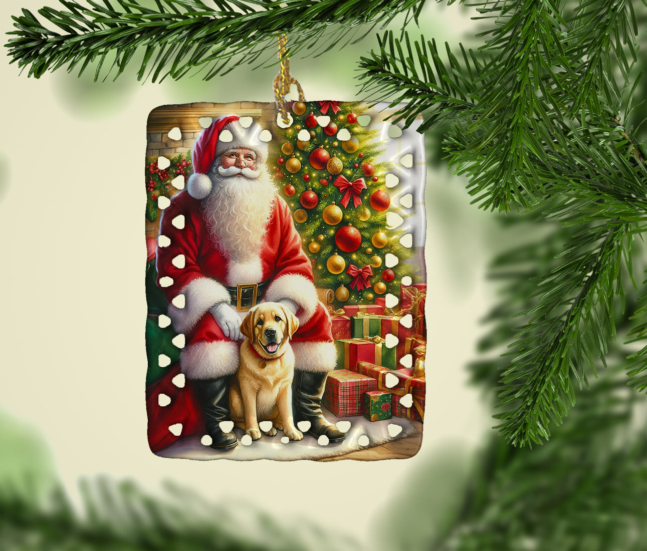 Labrador Retriever and Santa Claus Porcelain Ornament