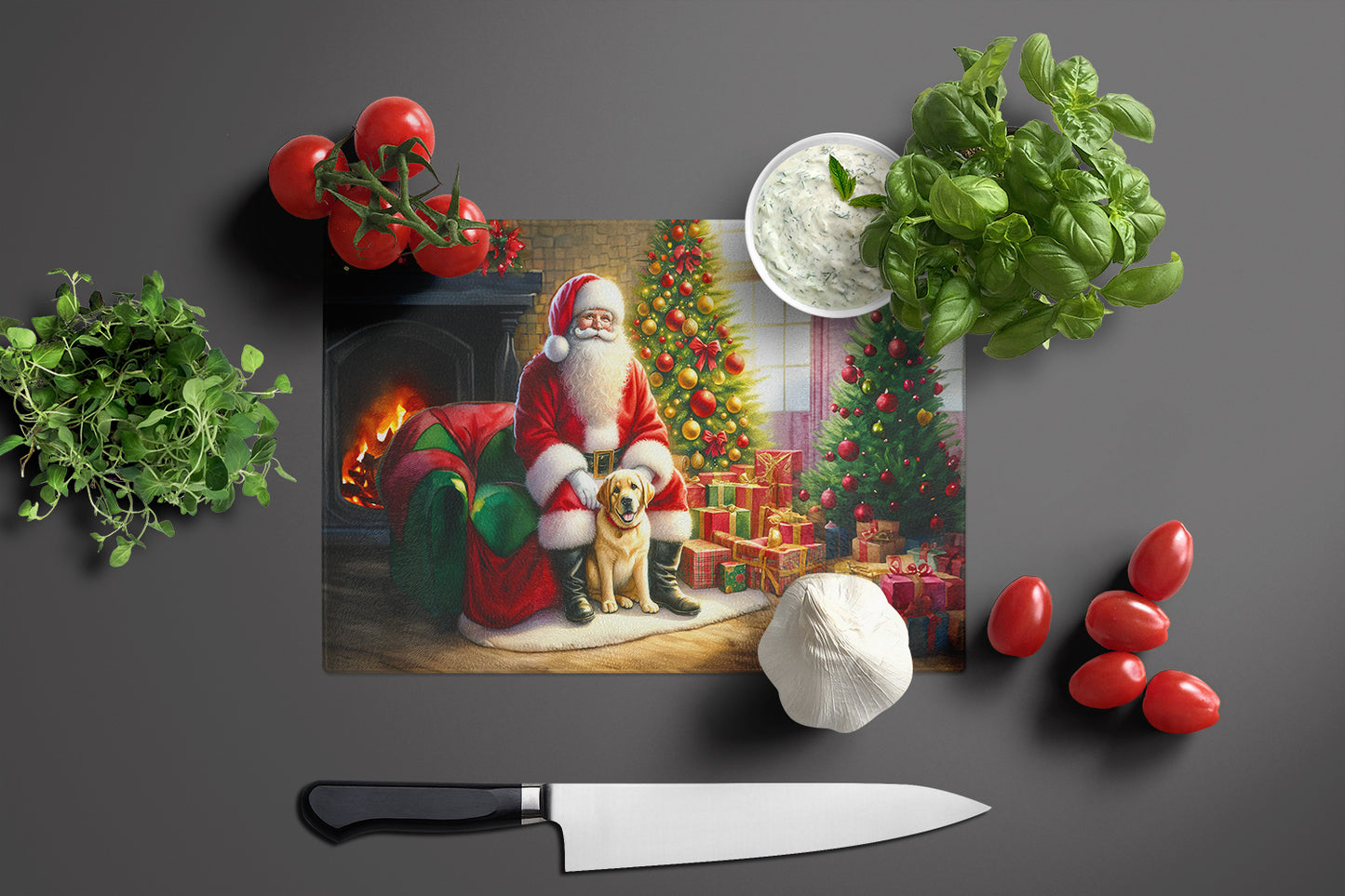 Labrador Retriever and Santa Claus Glass Cutting Board