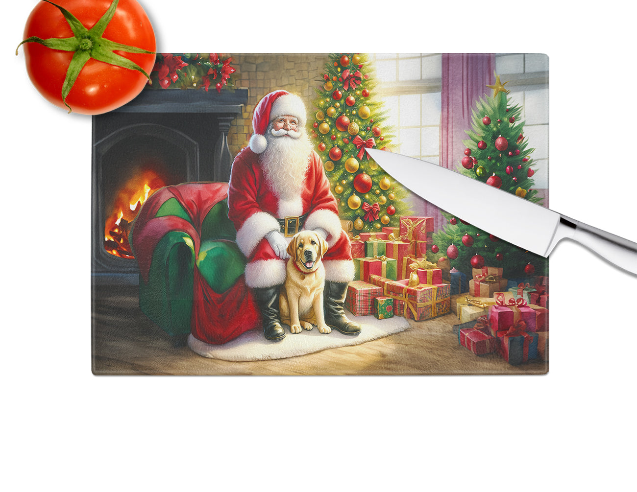 Labrador Retriever and Santa Claus Glass Cutting Board