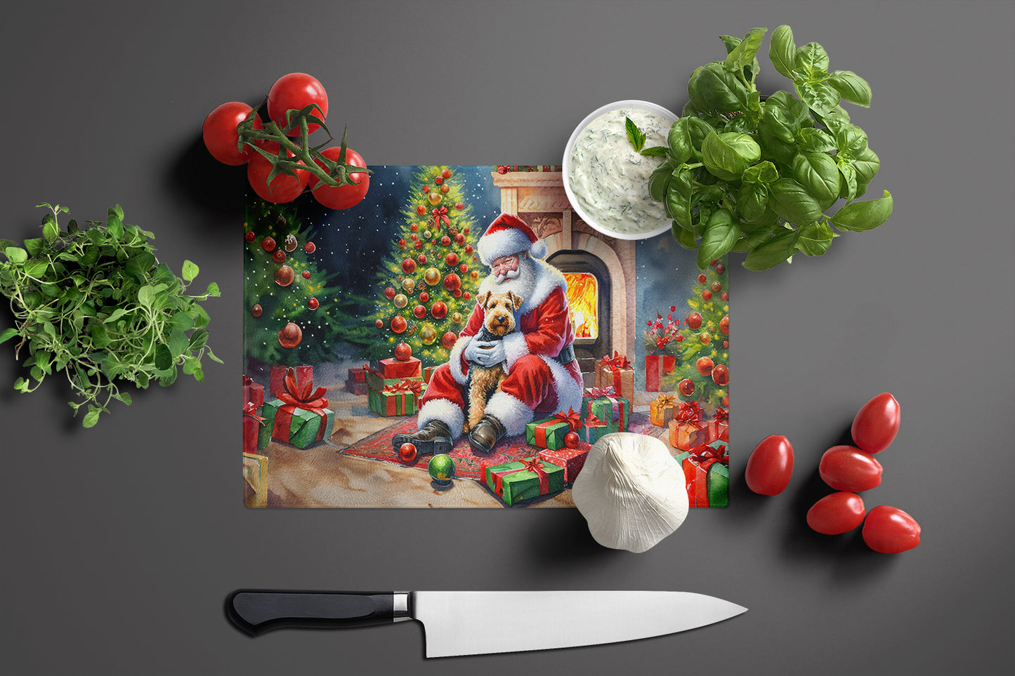 Lakeland Terrier and Santa Claus Glass Cutting Board