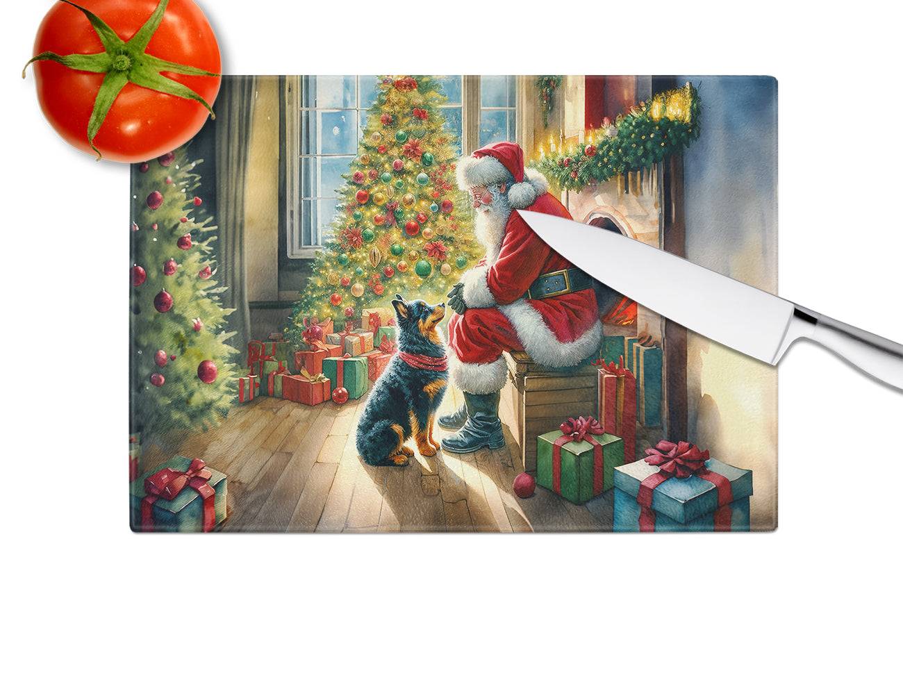 Lancashire Heeler and Santa Claus Glass Cutting Board