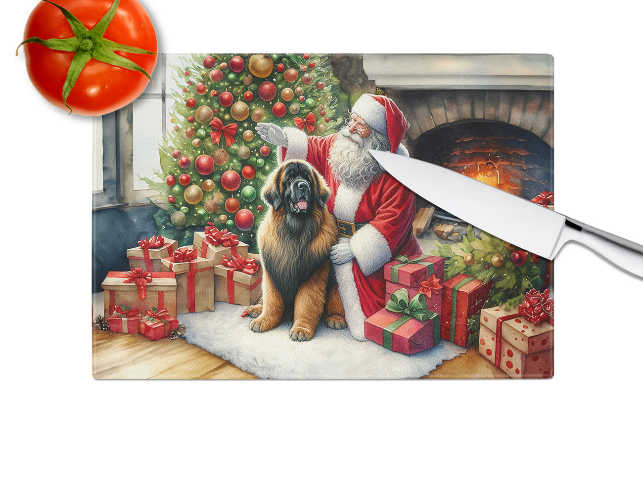 Leonberger and Santa Claus Glass Cutting Board