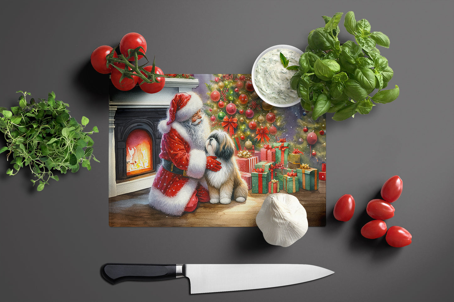 Lhasa Apso and Santa Claus Glass Cutting Board