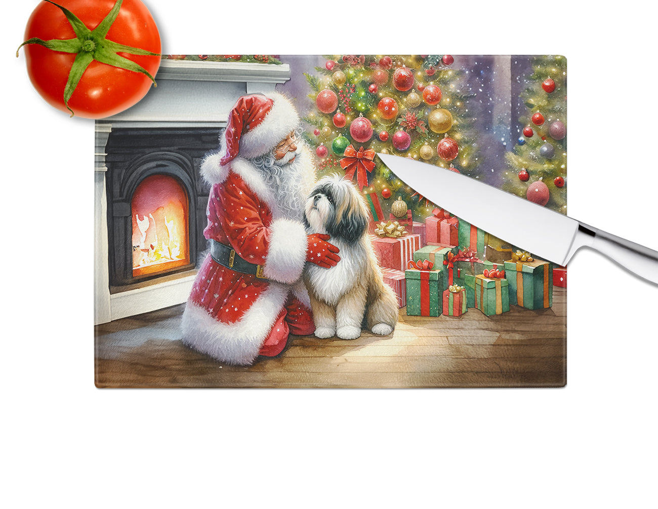 Lhasa Apso and Santa Claus Glass Cutting Board