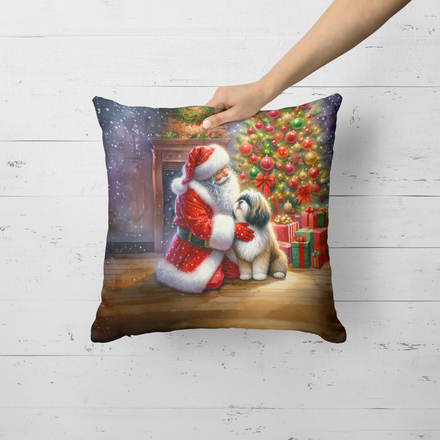 Lhasa Apso and Santa Claus Throw Pillow