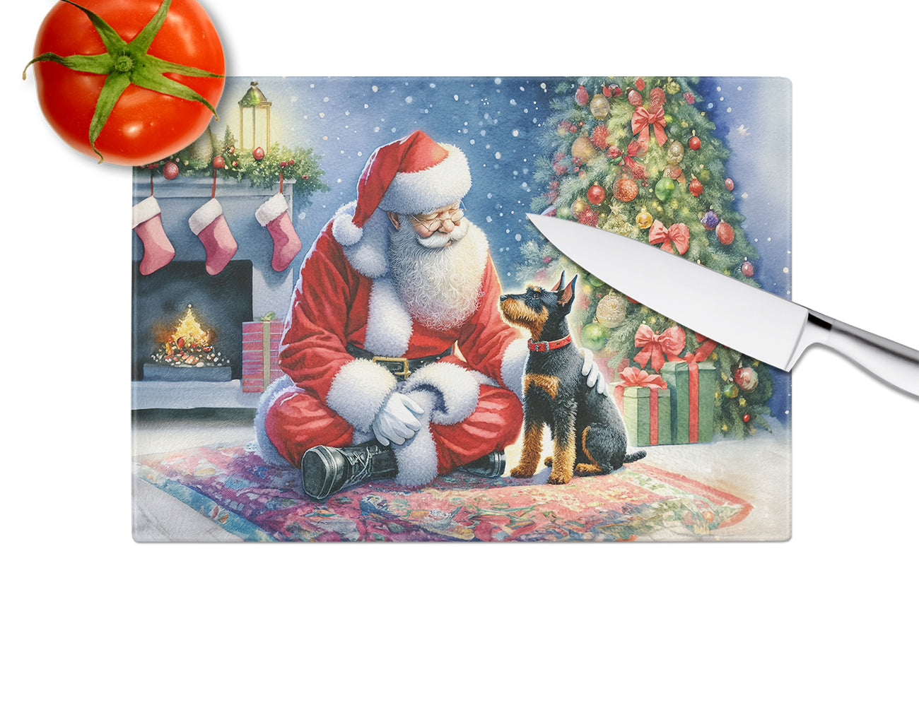 Manchester Terrier and Santa Claus Glass Cutting Board