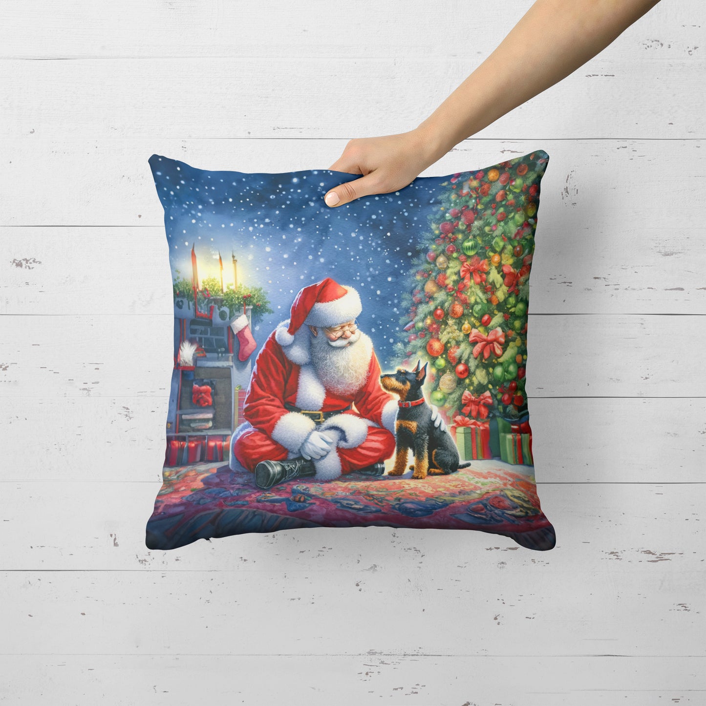 Manchester Terrier and Santa Claus Throw Pillow