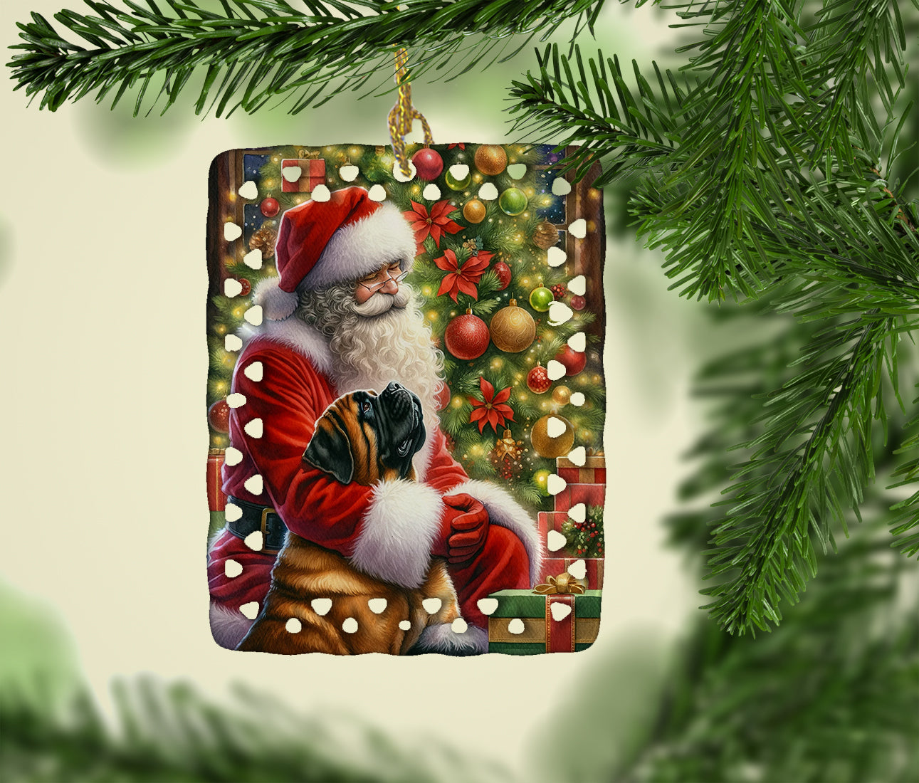 Mastiff and Santa Claus Porcelain Ornament