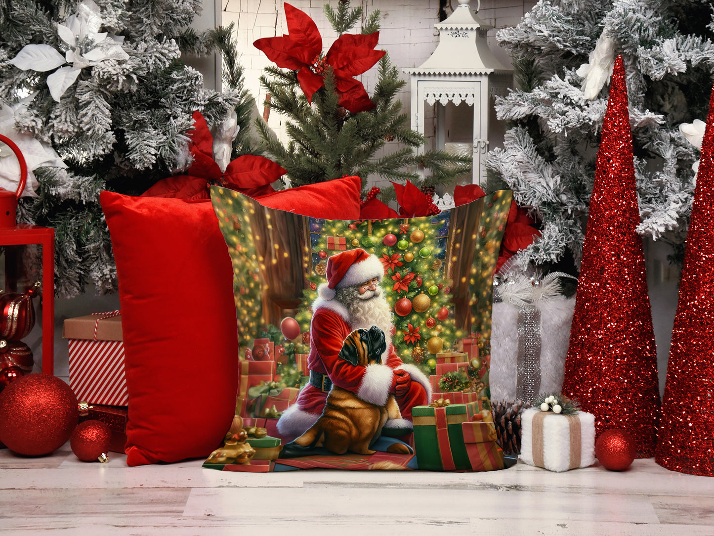 Mastiff and Santa Claus Throw Pillow