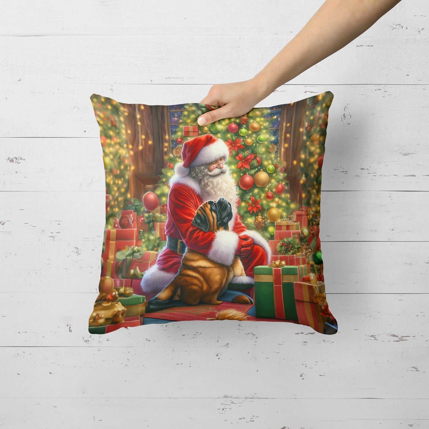 Mastiff and Santa Claus Throw Pillow